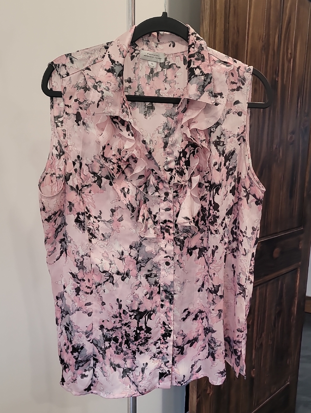 Tahari Pink and Black Floral Ruffle Sleeveless Blouse